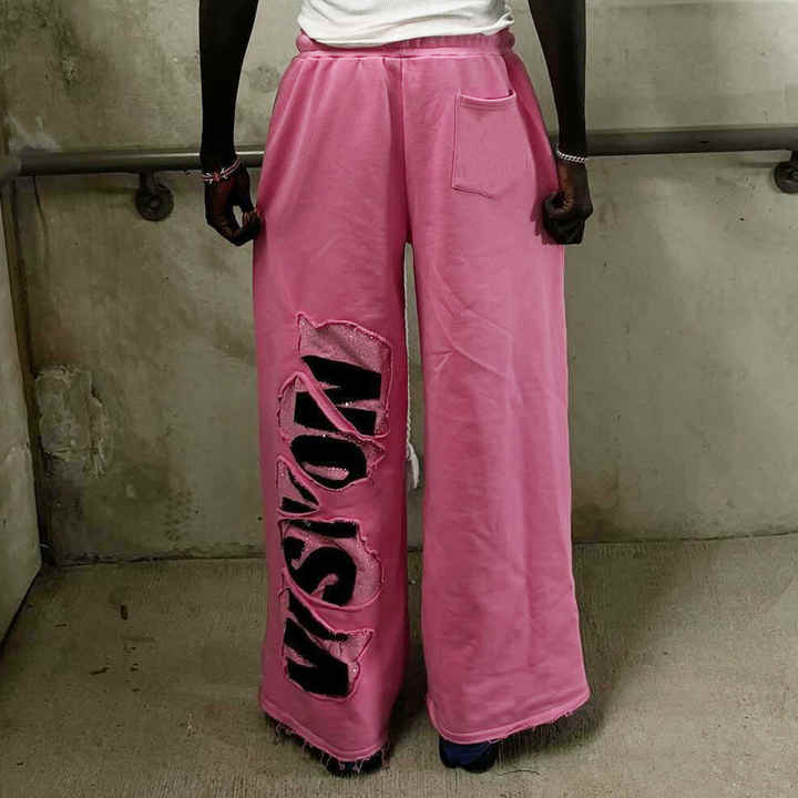 Kodo Custom Streetwear Baggy Ripped Rhinestone Beaded pink Long String Pants Wild Leg Chino Men's Pants