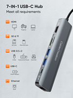 CableCreation 7-in-1 USB C Hub 4K untuk Adaptor Multiport Gigabit Ethernet 100W PD 2 USB 3.0 Pembaca SD/TF Paduan Aluminium Laptop