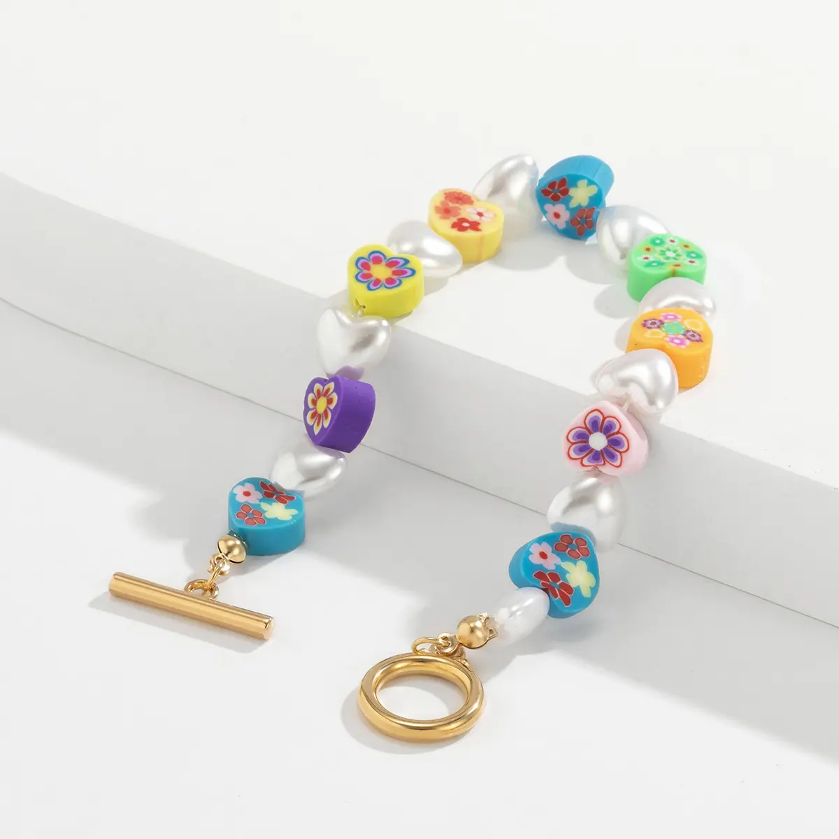 2022 Polymer Clay Heart-shaped Beaded Bracelet Pearl Bracelet OT Buckle Rainbow Flower Beads Bracelet
