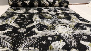 Hand <b>Stitched</b> Bohemian Printed Quilt Black White Pattern Home Decor All Season Polyester Cotton Kantha Bedcover - Product Image 6