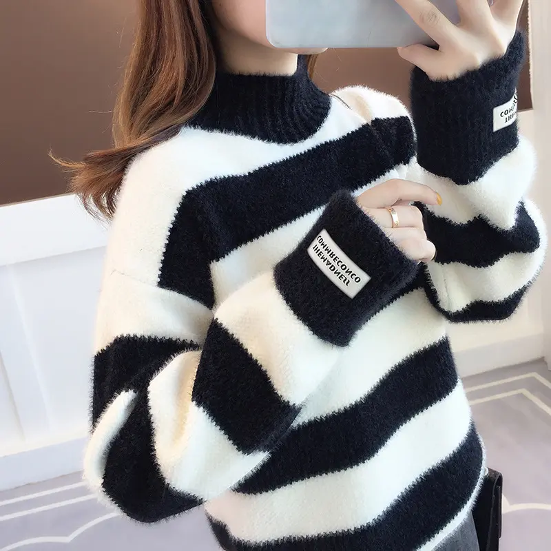 Wholesale new arrival korea style high neck winter thick stripe women sweater