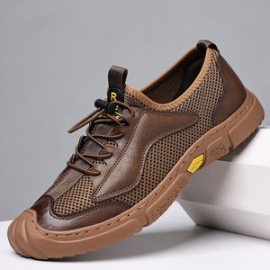 Men's Breathable Mesh <b>Sneakers</b> Soft <b>Leather</b> Low Heel Rubber Outsole Leisure Walking Shoes - Product Image 3