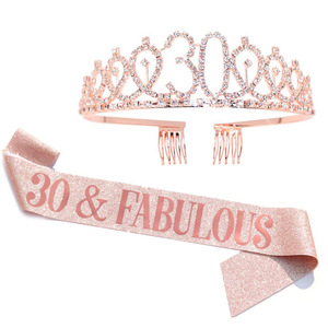 Ensemble couronne et écharpe pour 50e anniversaire, tiare en strass or rose avec écharpe scintillante pour femmes, accessoires de fête - Product Image 2