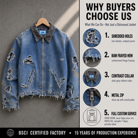 Veste en jean bleu délavé personnalisée 420 g/m² avec déchirures prononcées, col gris contrastant, ourlet brut effiloché, vêtement d'extérieur streetwear OEM ODM