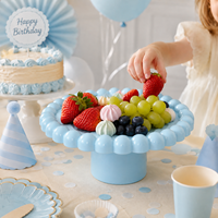 Taartplateau voor kinderfeestjes, bruiloften, babyshowers, lente, roze, blauw, wit, rond, plastic, voor fruit en desserts.