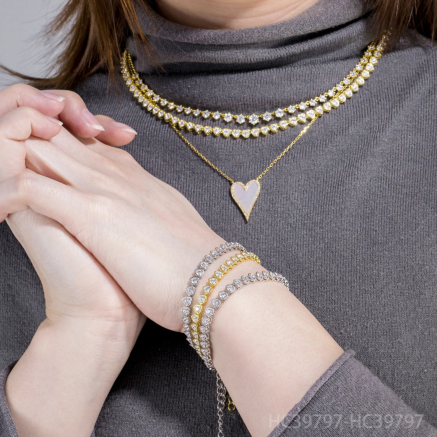 925 Sterling Silver Cubic Zirconia Heart Shaped 18K Gold Plated Tennis Bracelet For Women
