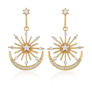 2024 New Trendy Women Dangle Earring Bohemian Earrings Alloy Gold Plated Rhinestone Star & Moon Pendant Earrings