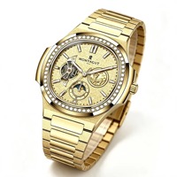 Montre mécanique automatique squelette de luxe unisexe avec lunette sertie de diamants, phases de lune, multifonction, en acier inoxydable, étanche 5 ATM