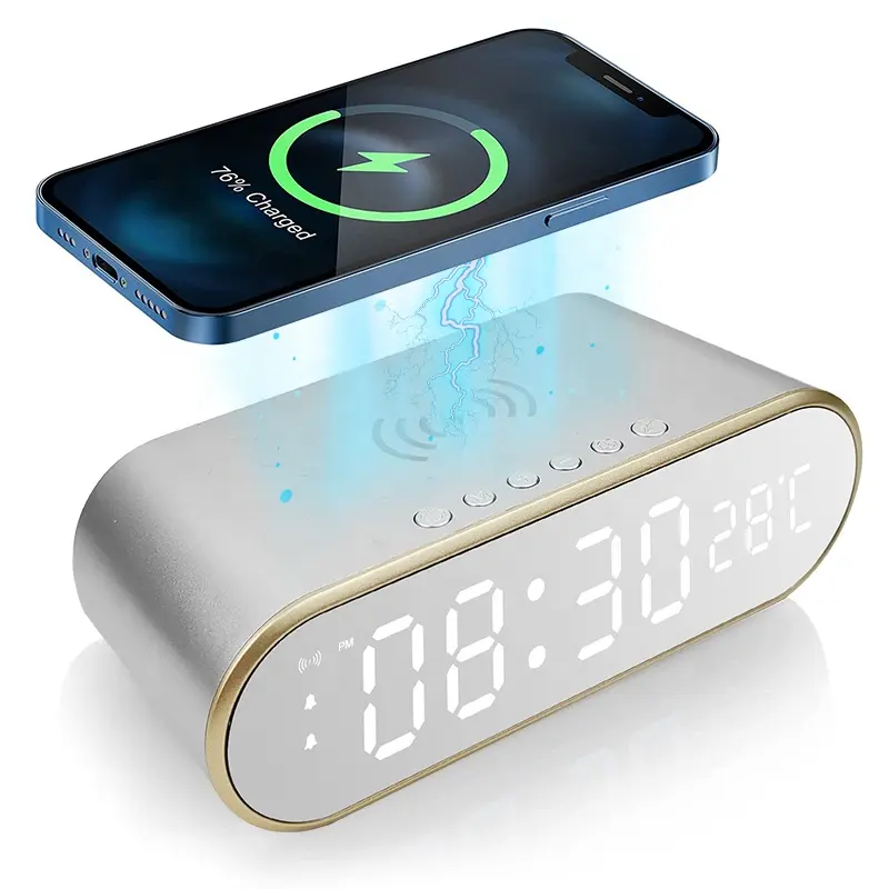Réveil électrique LED téléphone portable 15W chargeur sans fil HD horloge miroir avec mémoire de temps thermomètre numérique réveil