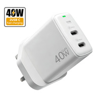 Cargador Rápido GaN de 40W con Doble Puerto USB-C PD y Enchufe UK Ignífugo para Teléfonos, Laptops y Cámaras