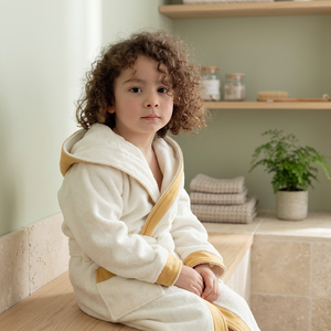 Soft Terry Kids <b>Bathrobe</b> White <b>With</b> Yellow Trim Skin-Friendly For Child Bathroom Use - Product Image 3