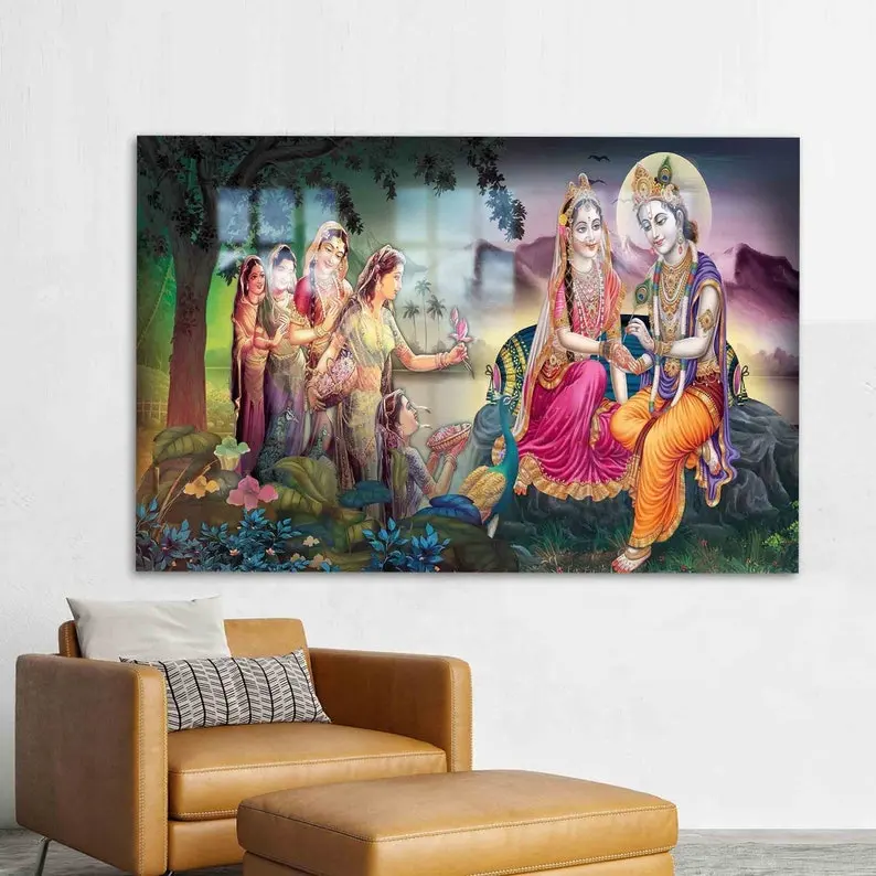 Hiasan dinding religius kustom lukisan Radha Krishna lukisan porselen kristal Tempered Terkenal wanita dengan berlian berkilau