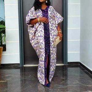 Robes pour femmes Dashiki africaines populaires et élégantes à col en V, imprimées, en polyester satiné, avec fente et sequins - Product Image 4