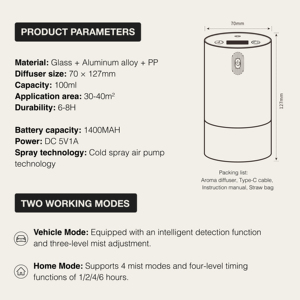 เครื่องกระจายกลิ่นหอมอัจฉริยะแบบพกพา หน้าจอ HD ขนาด 100 มล. รองรับการใช้งานสองโหมด สำหรับรถยนต์และในบ้าน ขายส่งจากโรงงาน - Product Image 6