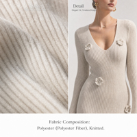 Robe longue moulante en maille côtelée au crochet pour femme, col plongeant, fleur 3D, manches cloche, coupe sirène, style doux, quotidien, luxe, automne, naturel