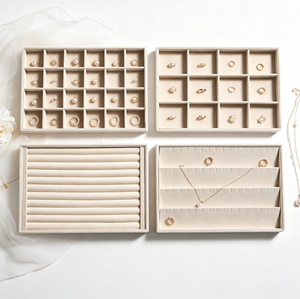 Plateau de présentation de bijoux en velours beige, plusieurs styles de grilles pour bagues, boucles d'oreilles, colliers, plateau de rangement de bijoux pour magasin de détail - Product Image 5