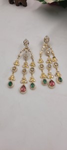 Luxury gold-plated chandelier <b>earrings</b> feature layered design with Polki diamonds green <b>emeralds</b> and pink rubies set - Product Image 3