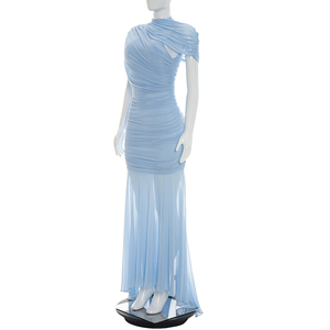 Robe longue plissée Viviblook D26DS113 pour femme, nouvelle collection, couleur unie, maille transparente, manches courtes, idéale pour les fêtes et anniversaires - Product Image 4