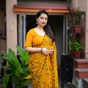Sari de algodón amarillo con estampado digital y diseño tradicional para mujer, estilo informal de India y Pakistán - Product Image 1