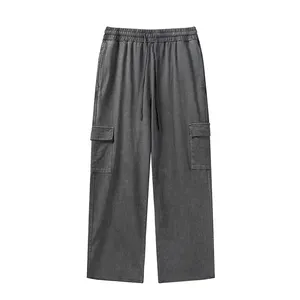 पुरुषों की फोर सीजन्स पतली मल्टी-पॉकेट पैंट ढीली सीधी कार्गो पैंट 100% कॉटन वॉश रॉ एज कैज़ुअल पैंट
