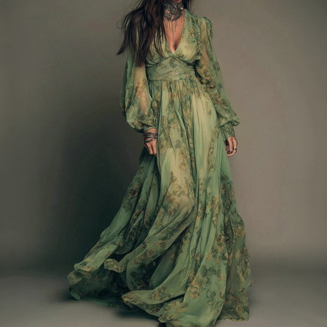 Elegant Women Green Printed Dress Deep V Neck Long Sleeve Pleated Fashion Casual Country Style Brand Series Wholesale
