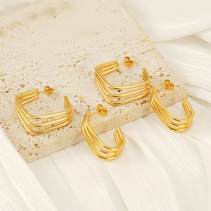 Geometric Gold Plated Hoop Earrings Stainless Steel Square Shape For Women European Style Fashion Jewelry - Product Image 1