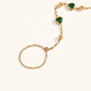 डिंगरन 18k सोने की प्लेटेड स्टेनलेस स्टील के सामान रंगीन बीड ग्रीन हार्ट जिरकॉन फिंगर चेन - Product Image 6