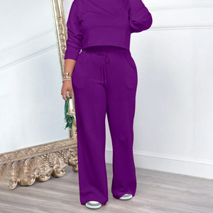 Conjunto de Pantalones de Punto de Color Sólido para Mujer con Top Corto y Corte Regular, Hecho de Mezcla de Algodón, Cómodo para el Uso Diario - Product Image 4