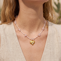 Collier en acier inoxydable plaqué or 18 carats de style bohème, collier à perles, pendentif en forme de cœur irrégulier en quartz rose, bijoux pour femmes
