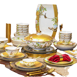Luxury Bowls Restaurant Full Promotional Tableware Bone China Plates Ceramic Dinnerware Set Porcelain Tableware Dishes Plates