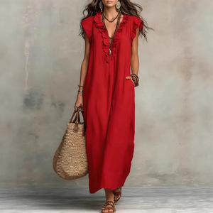 Vestido Largo Vintage al por Mayor con Volantes, Cuello en V, Sin Mangas, Transpirable, con Bolsillos, Casual, para Playa, Banquete, Ropa de Calle, Elegante, para <span class=keywords><strong>Mujer</strong></span> - Product Image 4