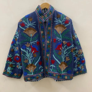 Bleu TNT Tissu Suzani Broderie À La Main Veste Indien Coton Broderie Veste À La Main Floral Court Manteau Suzani Robe - Product Image 1