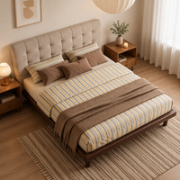 Lit double moderne rétro en bois de noyer avec tête de lit capitonnée en tissu pour chambre principale, mobilier de maison, vente en gros