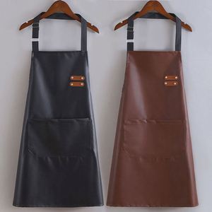 High-End Men's Women's Soft Leather PU Bib <b>Apron</b> Fashionable Waterproof Oil-Proof <b>Kitchen</b> Cooking Work Waist New Fashionable - Product Image 2