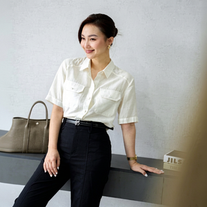 Q762 Women Formal Oxford <b>Short</b> Sleeve Shirt Straight <b>Trousers</b> Set Spring Summer Outfit Ready to Ship - Product Image 1
