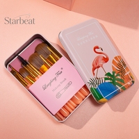 Set Kuas Makeup Pink Flamingo Gagang Emas Oranye Aplikator Kosmetik Wajah & Mata Kotak Penyimpanan Logam Perlengkapan Perjalanan