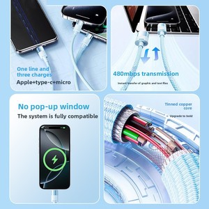 Câble de charge super rapide <span class=keywords><strong>3</strong></span>-en-1 100W avec gaine tressée compatible téléphones iOS et Android, chargeur de voiture universel <span class=keywords><strong>USB</strong></span> 2.0 Type-C - Product Image 5