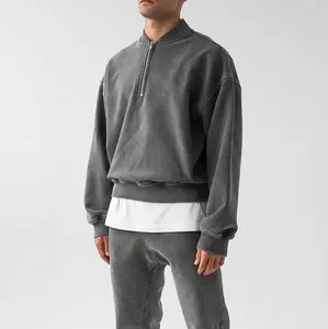 Plain 1/4 Zip Hoodie Distressed Heavyweight Faded 100% Cotton Blank Custom Men's Half Zip Cropped Vintage Acid Wash Sweatshirt