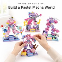Ensemble de blocs de construction robot mecha rose, modèle de guerrier mécanique mignon à monter soi-même avec base de scène et accessoires
