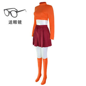 Scoo-Disfraz De Cosplay De <span class=keywords><strong>Velma</strong></span> para mujer, disfraz esponjoso, peluca de uniforme, falda de Anime, conjunto de fiesta de Halloween, juego de rol - Product Image 4