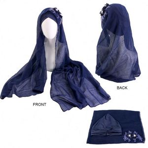 Venta al por mayor, personalizado, 2 piezas, pañuelo para la cabeza con lentejuelas y flores, visera musulmana, turbante, hiyab, color sólido, transpirable - Product Image 6