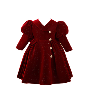 Girls Autumn Winter Crocheted <b>Velvet</b> Lace Puff Sleeve Princess <b>Dress</b> <b>Wine</b> Red Knee-Length for 3-8 Years Old Kids Clothes - Product Image 1