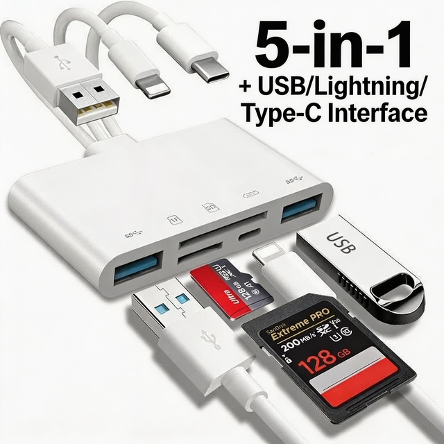 5-in-1 USB C Hub with TF Memory and SD Card Reader, Supports Camera, USB OTG Adapter, for Phones, Computers, Mice, and Keyboards