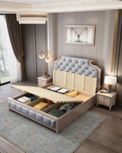 <b>Modern</b> Grey Tufted Upholstered King Size <b>Bed</b> Frame, Solid Wood Double <b>Bed</b> for Bedroom Furniture - Product Image 4