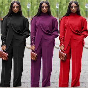 Y2613 Women's High Collar Irregular Split Long Sleeve Casual Two Piece pants Set African elegant business outfits