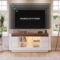 Meuble TV style Farmhouse pour téléviseurs 65-75 pouces, blanc et noyer, avec éclairage LED bicolore, 2 portes et étagères de rangement ouvertes