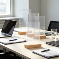 Support de présentation en acrylique transparent avec base en bois naturel, porte-numéro de table pour mariage, pour signalétique de banquet et d'événements