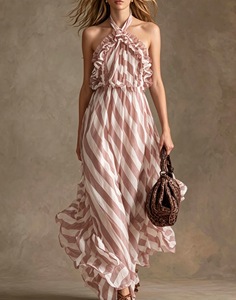 Vestido Largo Premium para Mujer, Nuevo Modelo de Verano, Elegante, con Estampado de Rayas Diagonales, Cuello Halter, Volantes, Sin Mangas, Estilo Fluido - Product Image 3