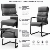 Chaise d'invité cantilever à cadre noir mat, dossier triple segment en cuir PU gris, base en traîneau, pour salle de réunion 2128