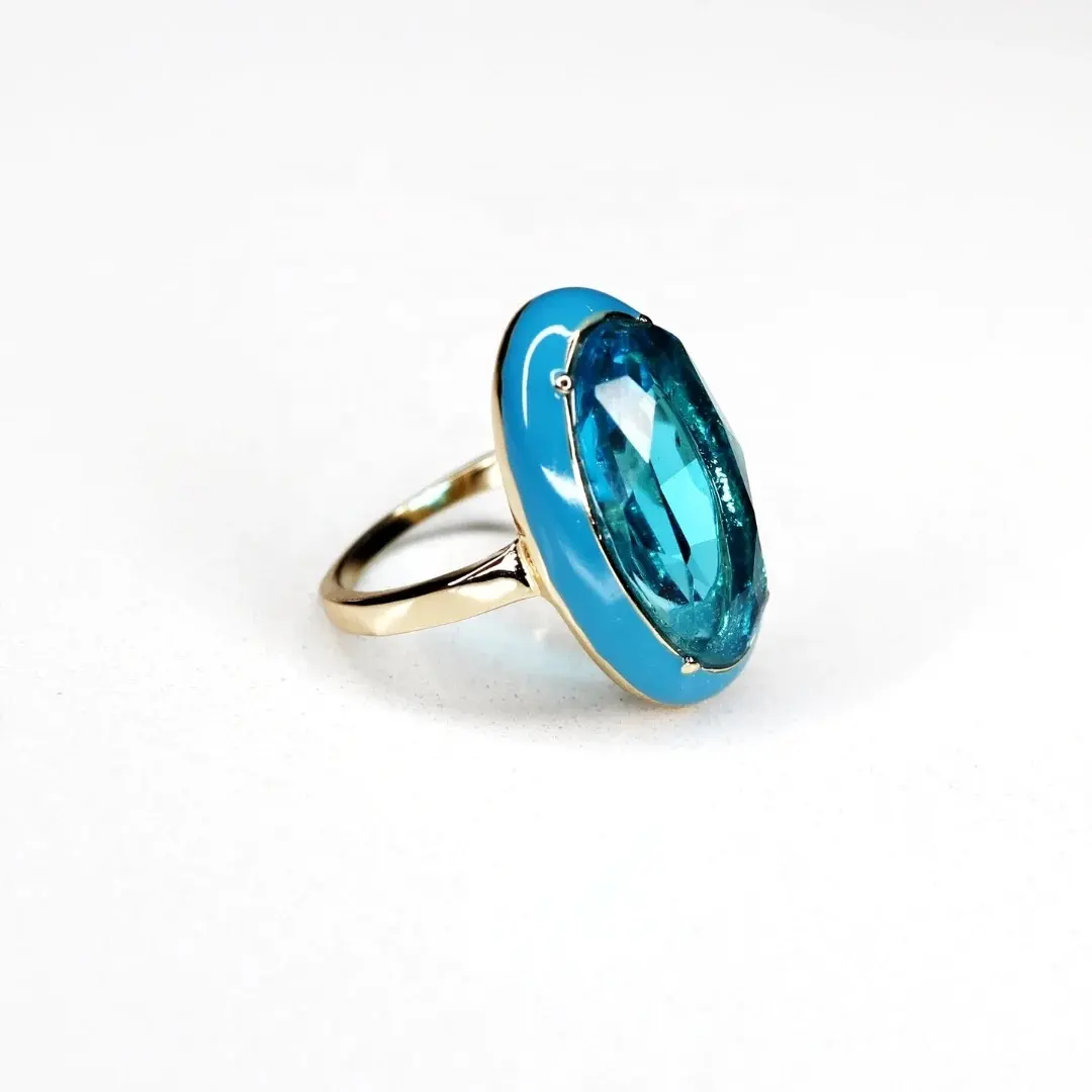 Elegante lindo Oval Cut Blue Zircon Blue Enamel Women's 18K Gold Ring